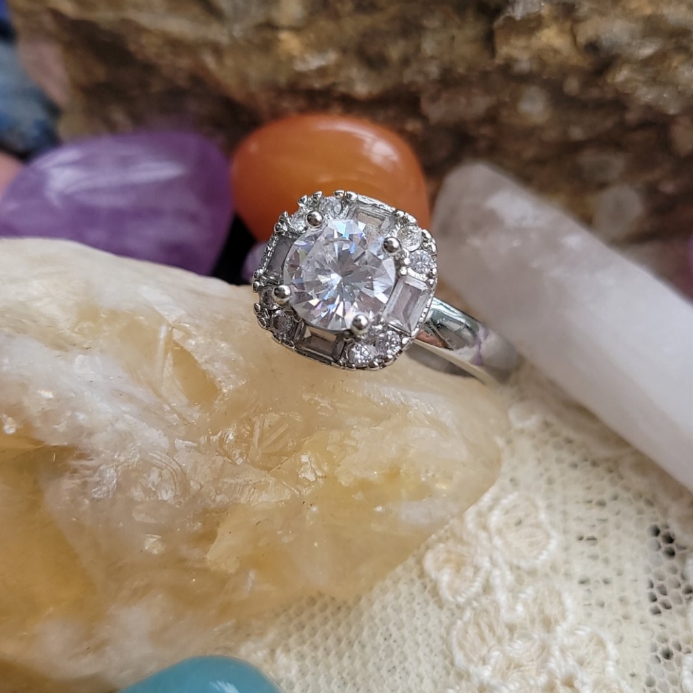 Sterling silver cubic zirconia ring with baguettes